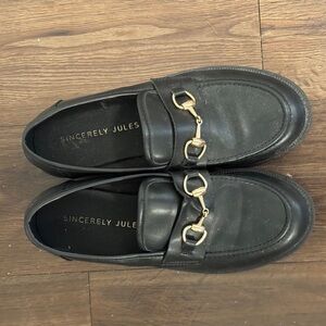 Black Platform Loafers with Gold Chain Detail